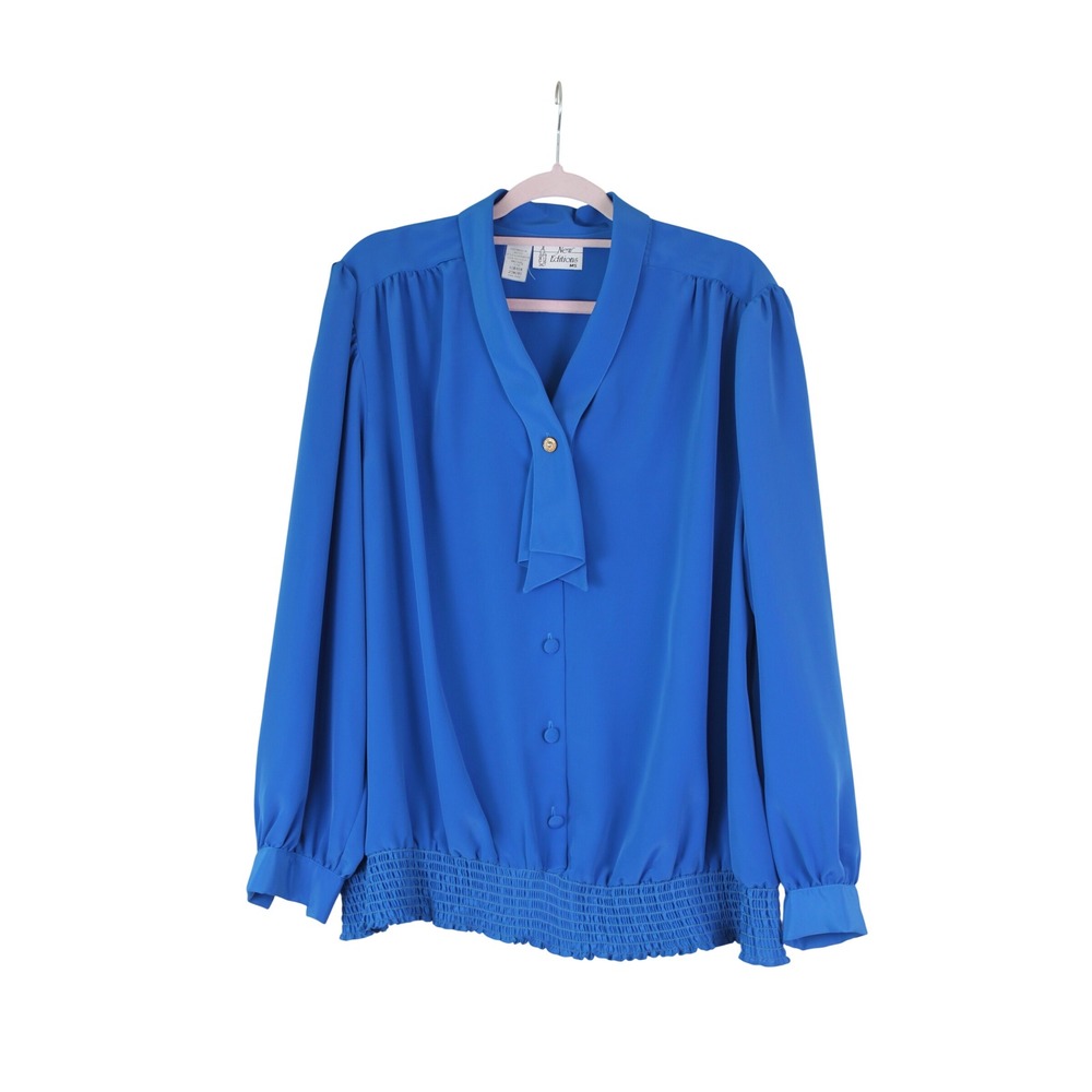 Vtg New Editions 80s Elevated Professional Blue Long Sleeve Blouson Blouse 20W